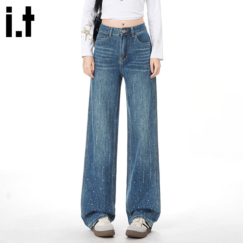 :CHOCOOLATE Women's Vintage American Style Rhinestone Washed Straight Leg Wide Leg Jeans Summer New Retro Blue XS