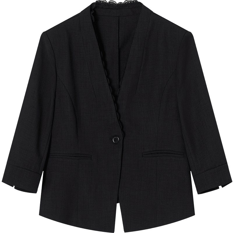 Demana [Light Business] Spring V-Neck Lace Single Button Three-Quarter Sleeve Double Piped Pocket Waist-Cinched Women's Blazer