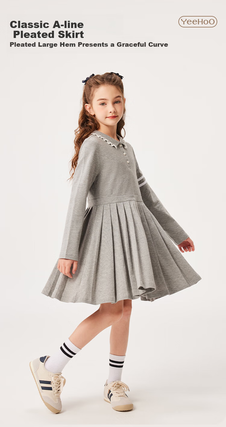 YEEHOO Girls' Dress Children's Skirt Pleated Skirt Casual School Style Long Sleeve Spring White Size 130 4