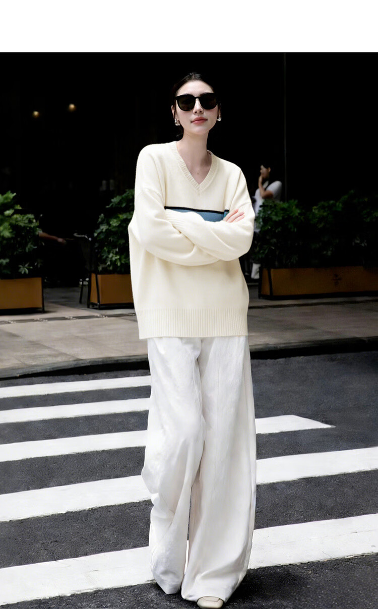 MT Warm Soft Yarn Spring Simple Colorblock Jacquard V-Neck Loose Knit Sweater for Women 5