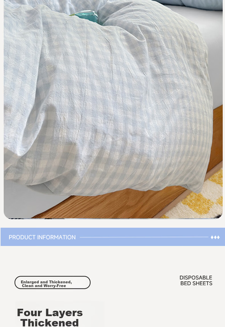 Qihaiqiu Disposable 3-Piece Bedding Set Thickened Sheet Duvet Cover Pillowcase Portable Single Hotel Travel Business Blue Gray Plaid 6