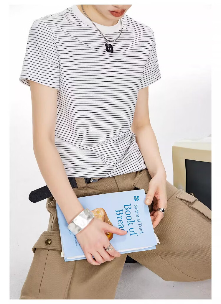 ICH MODE American Style Striped Slim Fit Short Sleeve T-Shirt for Women 2026 Summer New Hot Slim Shoulder Short Top White S 5