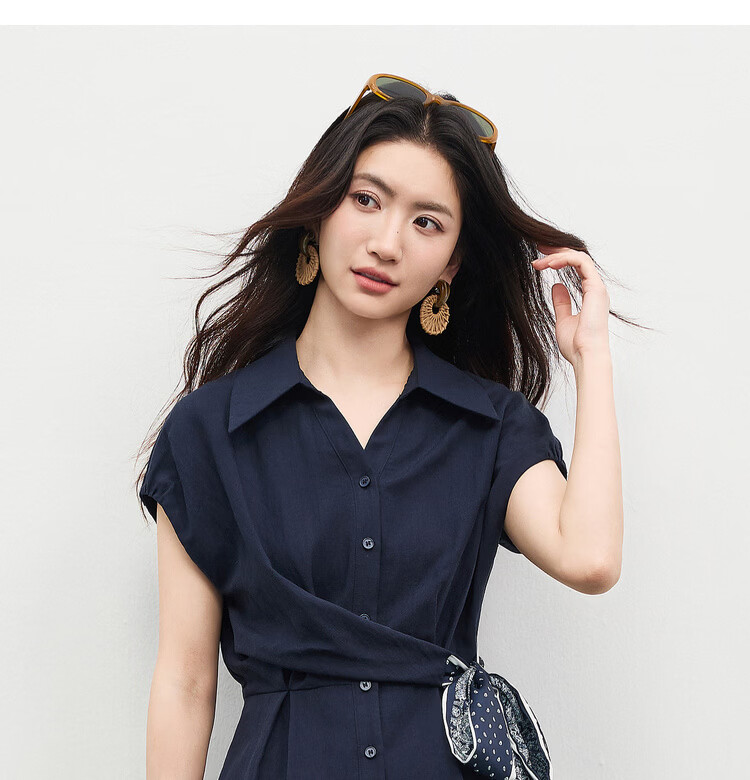 Shangdu Bila Linen Tencel Commuter Shirt Women Spring Summer Printed Tie Pleated Waist Slimming Blouse Turn-down Collar Top 11