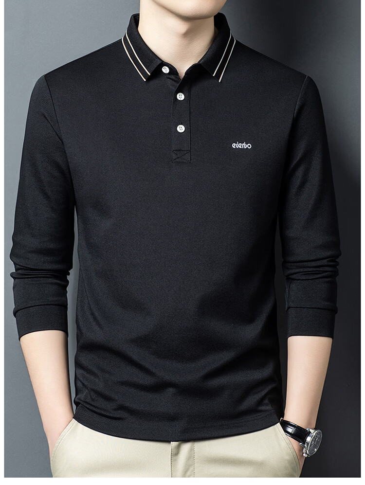 Edenbo Men's Long Sleeve Polo Shirt Cotton Mulberry Silk Black 185/100A (3XL) 15