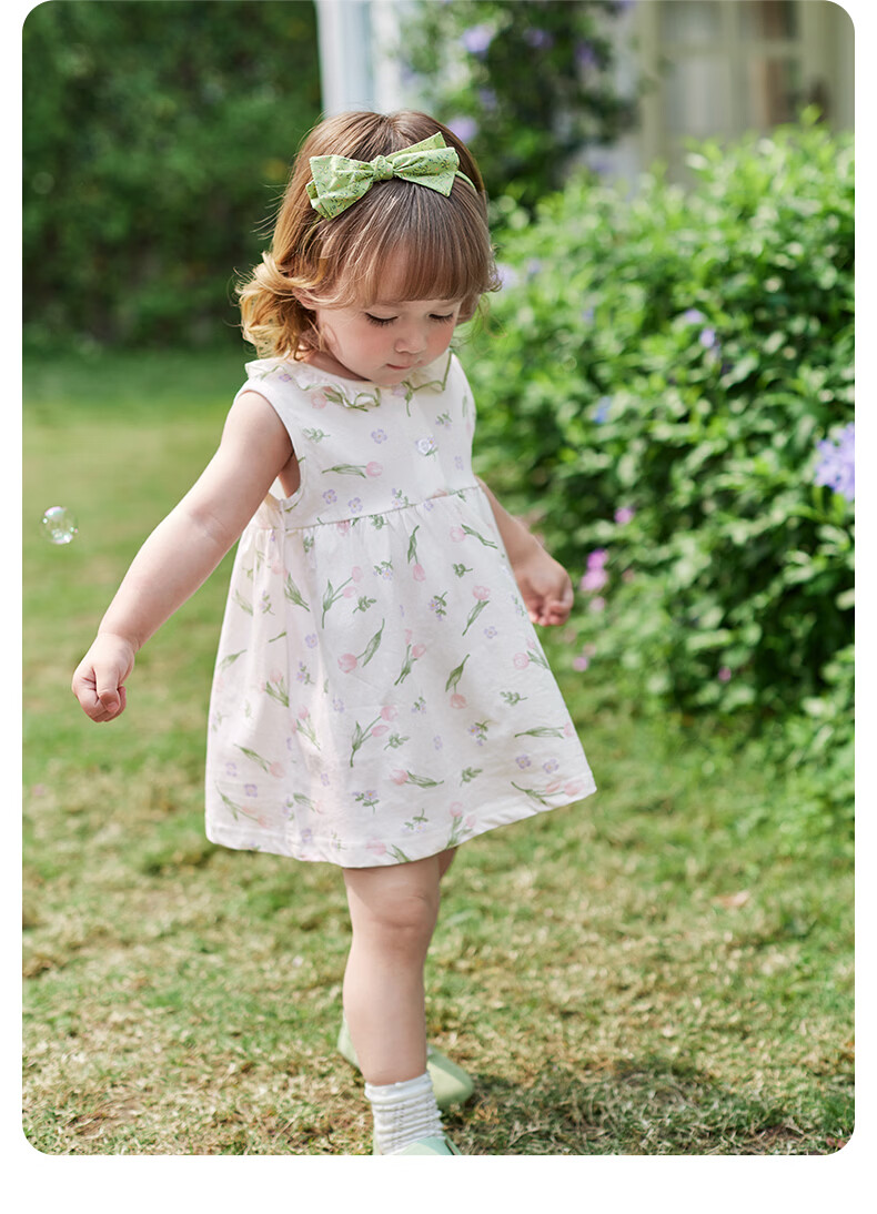 JELLYBABY Round Neck French Style Floral Dress Summer Girls Baby Knitted Vest Dress Casual Breathable Lightweight 7