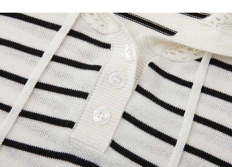 Demana [Wool and Mulberry Silk Blend] Spring Vintage Style Hooded Crochet Stripe Loose Slim Fit Women's Dress 13