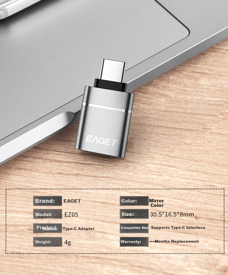 EAGET USB 3.0 EZ05 Type-C Adapter USB Flash Drive Connector Full Metal Gray External USB Drive Mouse Keyboard Adapter for Phones 12