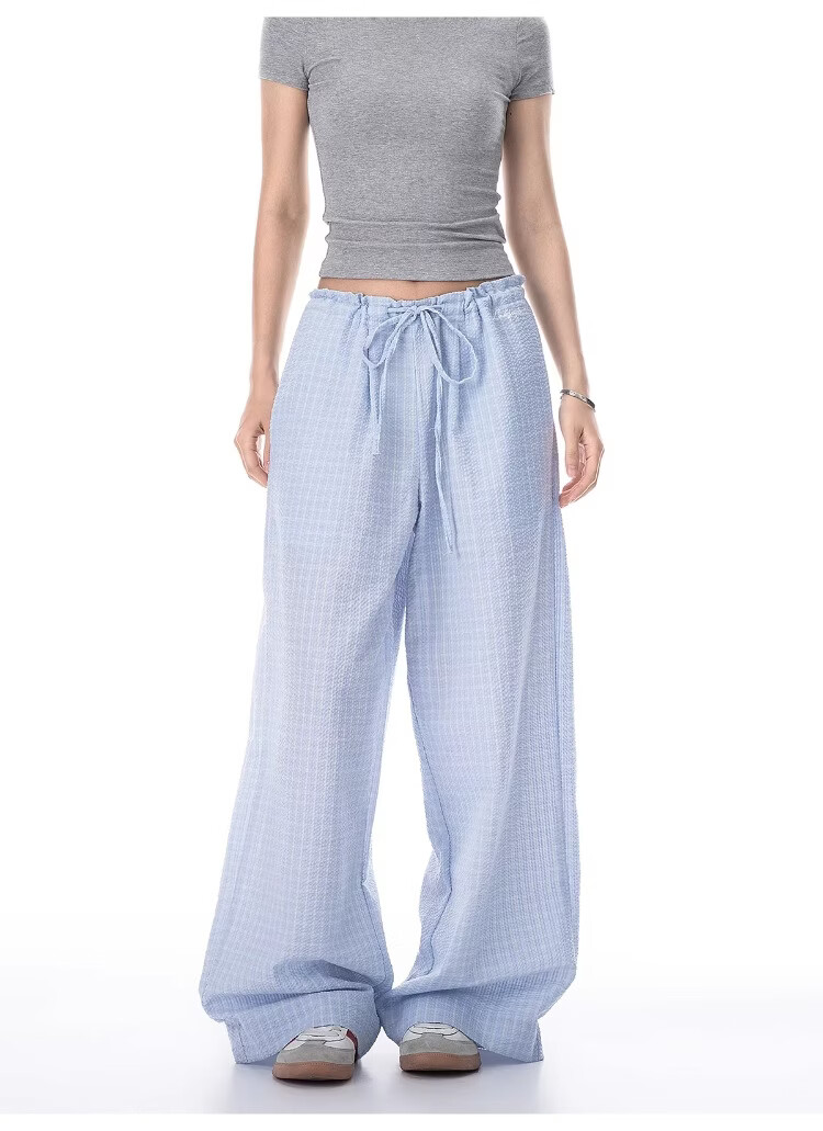 ICH MODE Women's American Style Plaid Summer Loose Wide-Leg Straight-Leg Sports Casual Pants Black XL 12