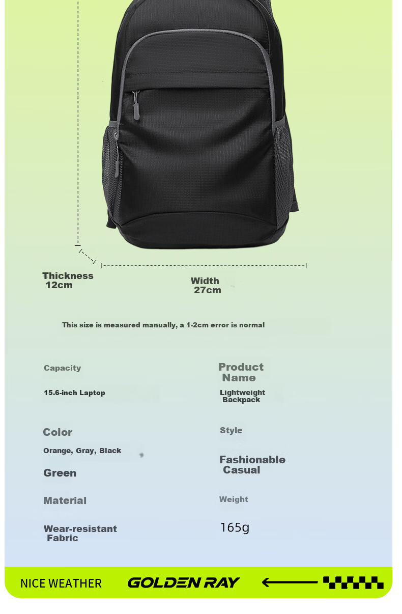 GOLDEN RAY Laptop Backpack 14.0-16.1 Inch Foldable Travel Bag for Men and Women 15.6 Inch Hiking Sports Outdoor Cycling School Bag Gray 12