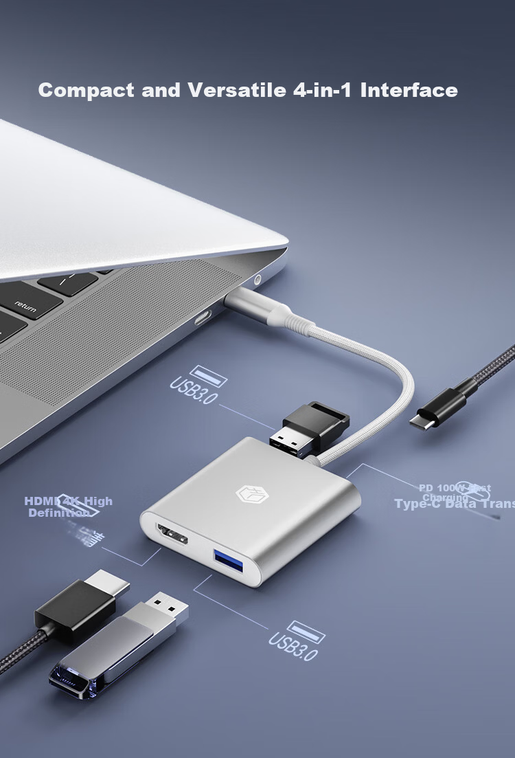 JD Jingzao 4-in-1 Type-C Hub HDMI USB 3.0 PD Adapter for MacBook iPhone Projector USB-C Splitter Dock 3