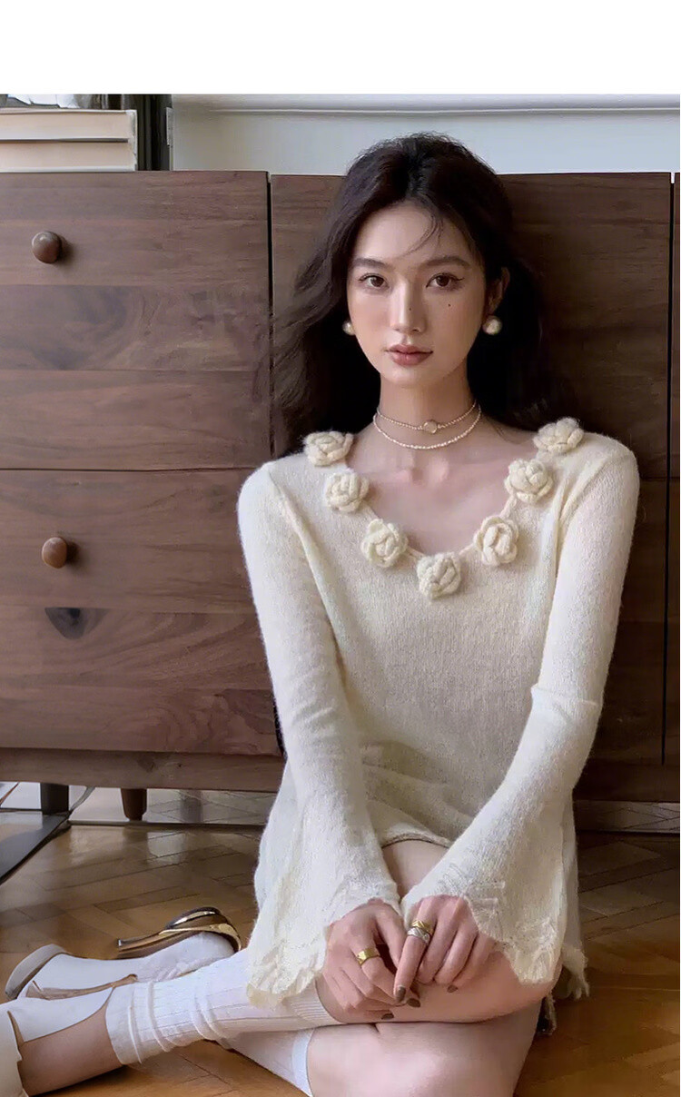 MT Spring Sweet 3D Crochet V-Neck Knit Sweater with Fluffy Wool, Slim Fit Women's Top 5