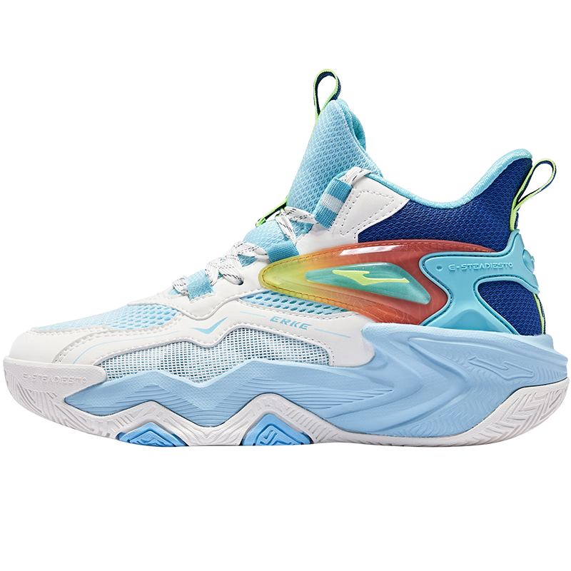 ERKE Children's Shoes, Boys' Basketball Shoes for Older Kids, Kids' Lace-Up Shock-Absorbing Wear-Resistant Sneakers, Beach Blue/micro-Crystal White, Size 35