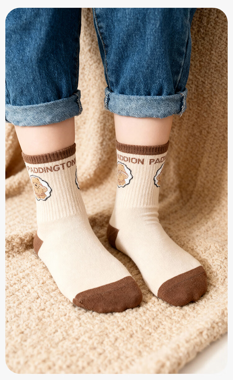 Jingshuran JD Own Brand Cotton Paddington Bear Pattern Green Mid-Calf Parent-Child Socks 5 Pairs Pack 15