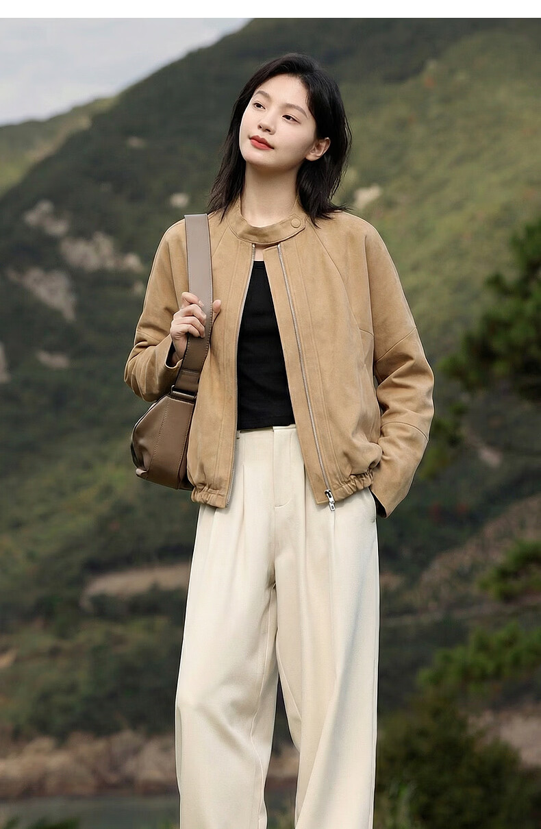 Demana [Wilderness New City] Spring Minimalist Stand Collar Invisible Edge Short Loose Slim PU Jacket for Women Premium 9