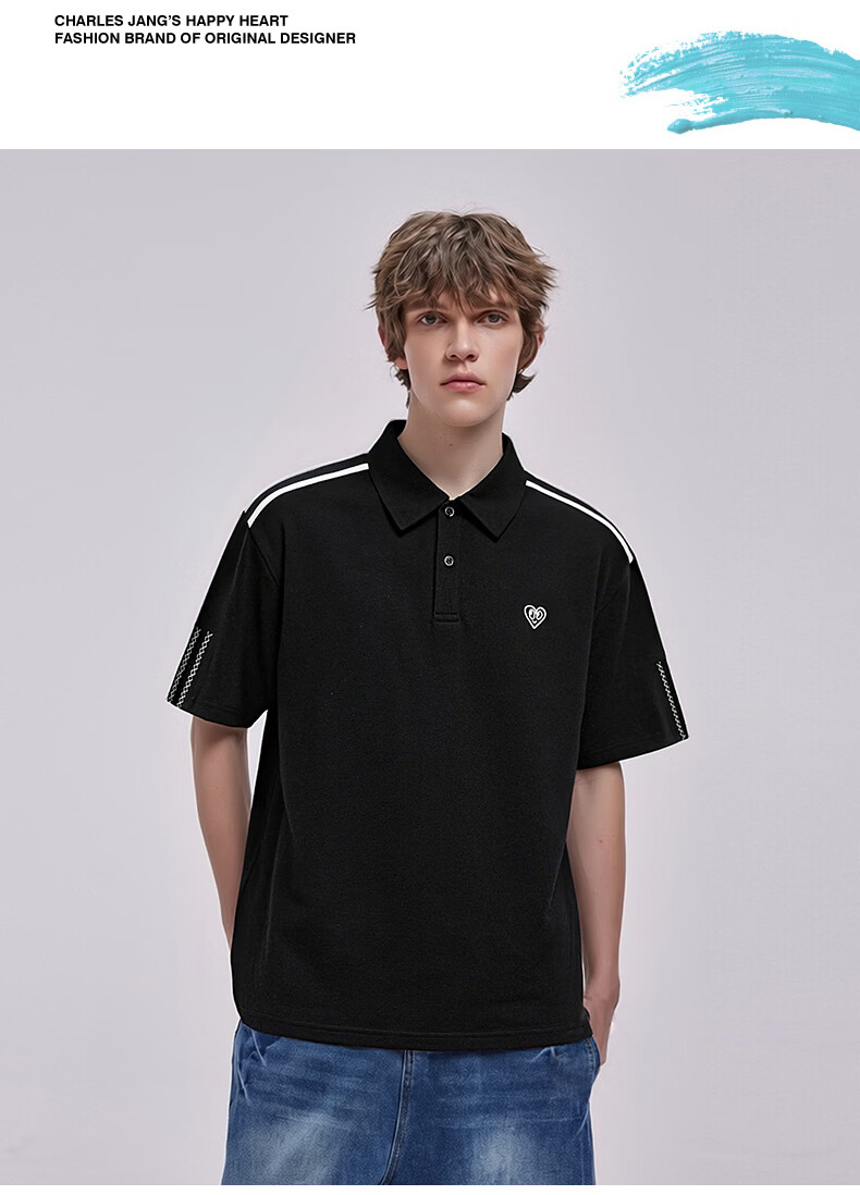 Charles Peach Heart Minimalist Luxury Embroidered Heart Short Sleeve Polo Shirt Unisex Summer Couple Casual Black XS 14
