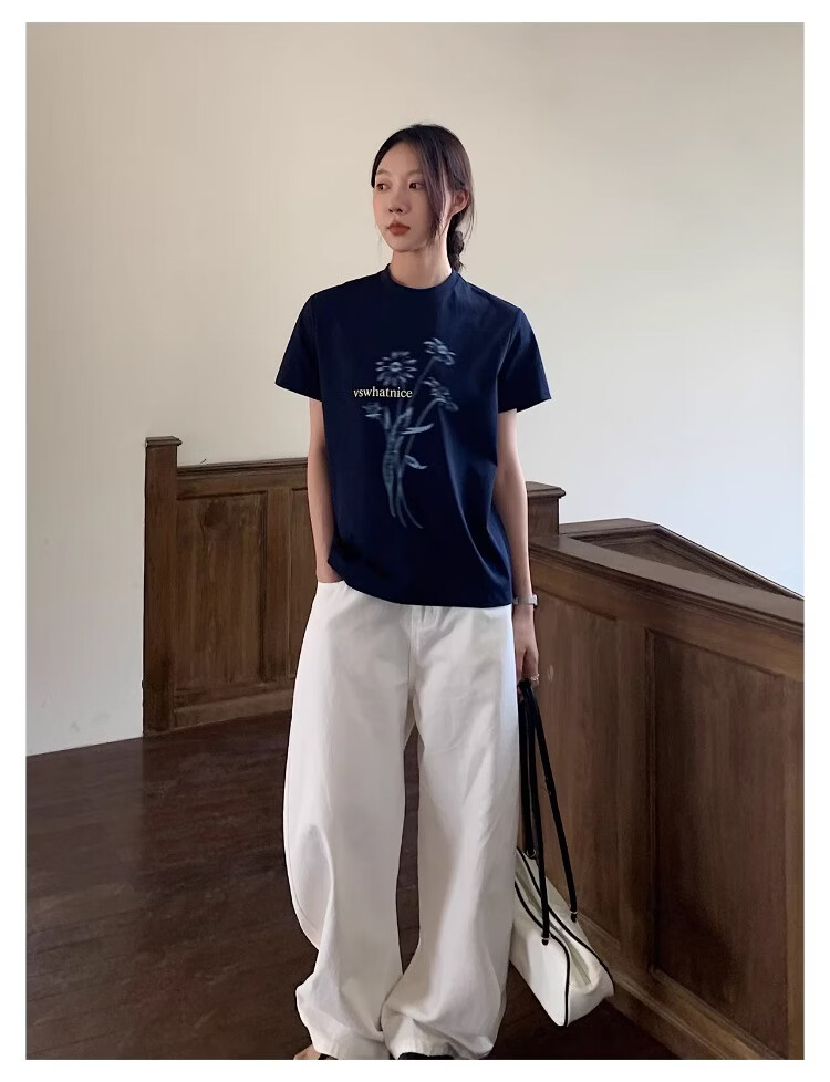 ICH MODE Floral Print Short Sleeve T-Shirt Women Spring Autumn New Korean Style Beautiful Shoulder Tee Navy Blue S 13