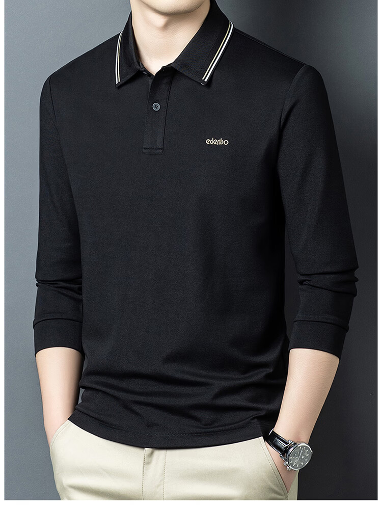 Edenbo Men's Long Sleeve Polo Shirt Long Staple Cotton Half Placket Top Black 170/88A (L) 15