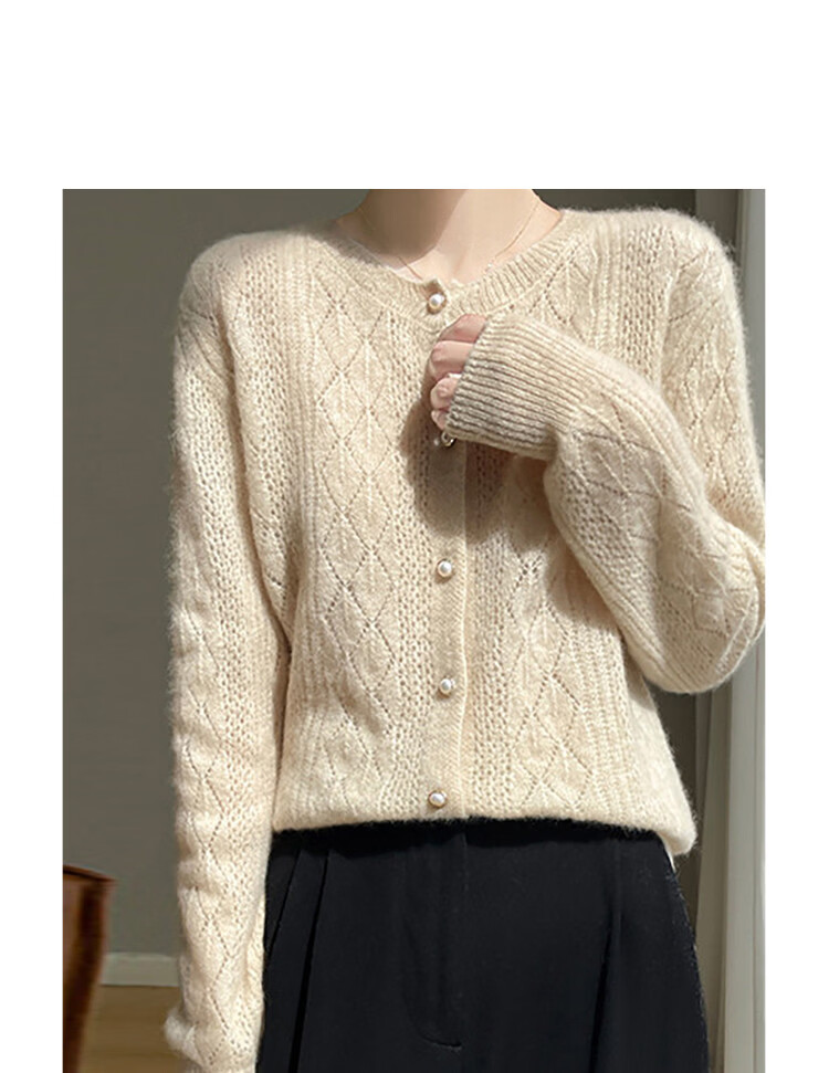 Demana 100% Merino Wool Spring Elegant Jacquard Slim Fit Round Neck Cardigan Women's Premium Soft Stretch Sweater 10