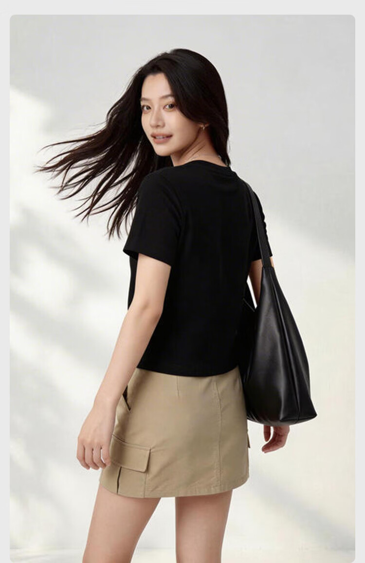 JD Jingzao Women's Short Sleeve Crew Neck T-Shirt 26 Spring New Trend Xinjiang Cotton Base Shirt Black S 14