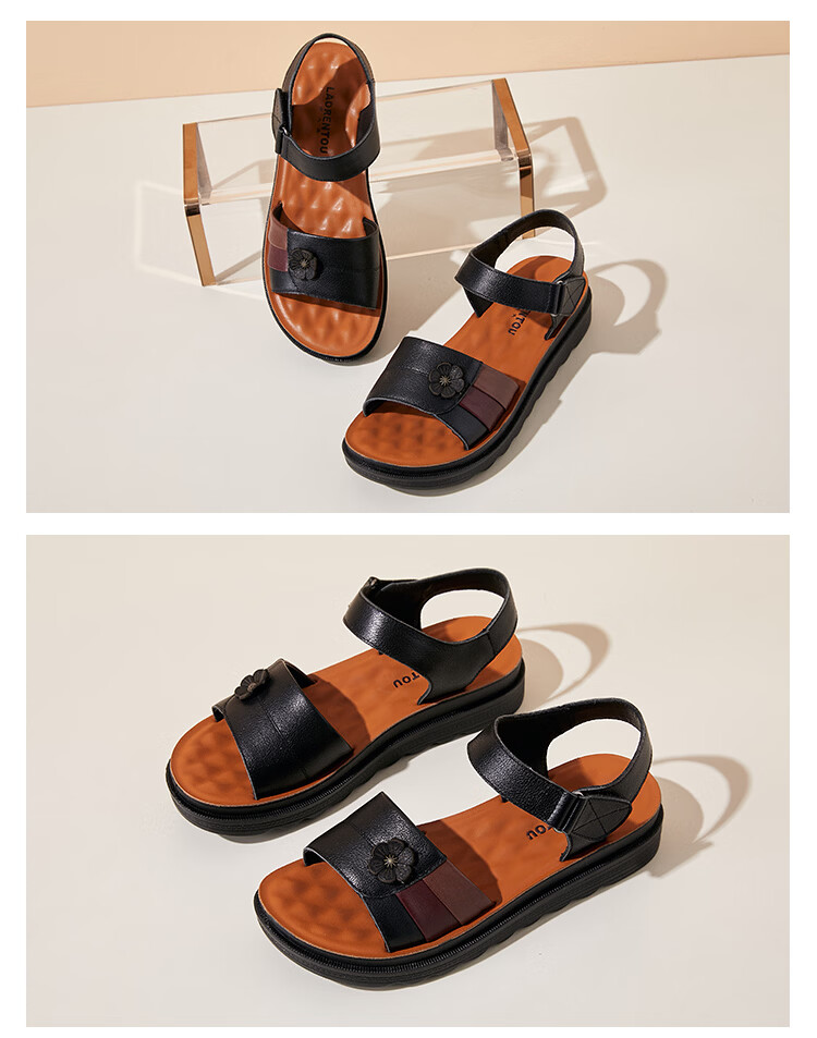 LAORENTOU Women's Genuine Leather Flat Sandals, Beach Non-Slip Soft Sole Middle-Aged and Elderly Sandals LK13182 - Black Size 35 14