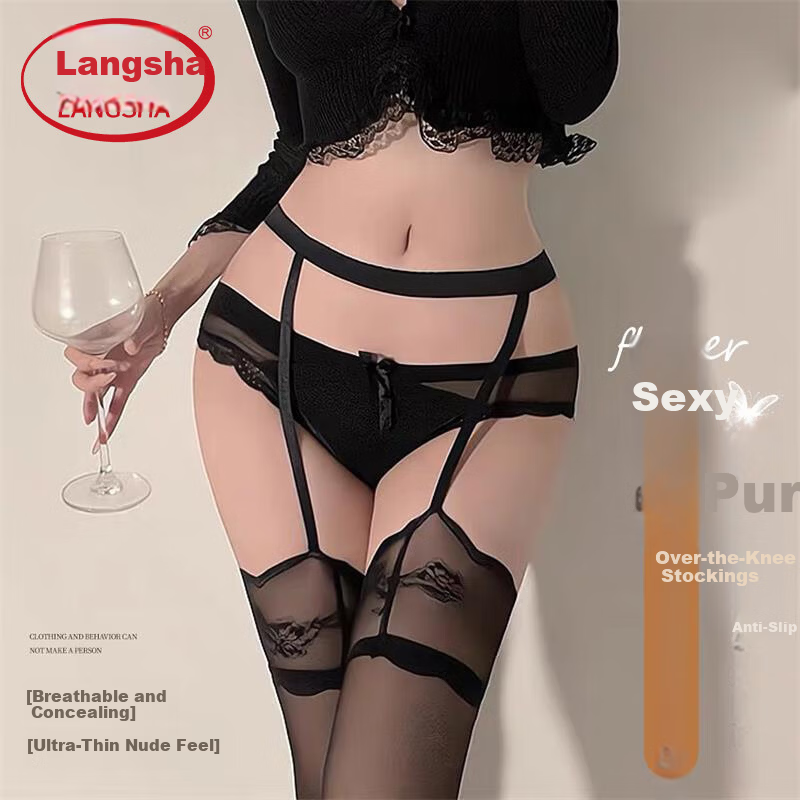 LangSha Suspender Stockings Women's Sexy Sheer Black Thigh-High Open Crotch Lace Pantyhose Sexy Black