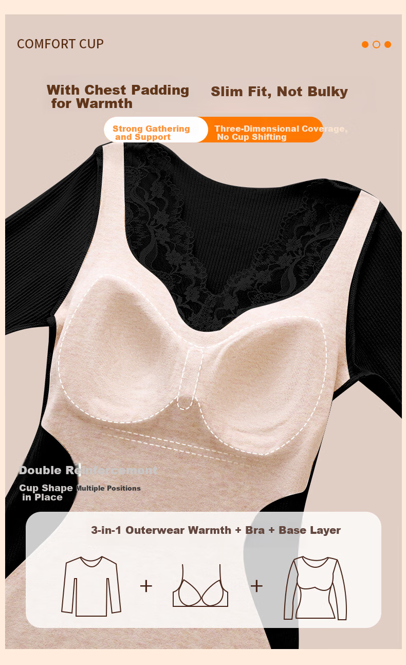OEING Women's Thermal Underwear Lace V-Neck with Chest Pad Bra-Free Versatile Base Layer Autumn Warm Set 8