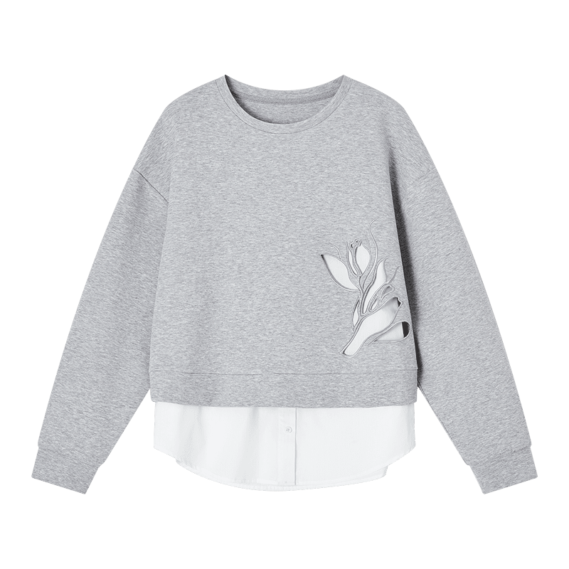 Demana Fresh Cloud Oxygen Cotton Spring Autumn Design Hollow Out Fake Two-Piece Loose Stretchy Slimming Sweatshirt for Women