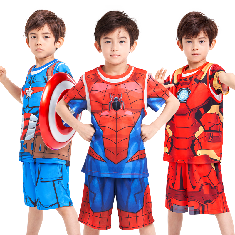 Disney 2026 New Children's Captain America Summer Short Sleeve T-Shirt and Quick-Dry Shorts Set 150CM