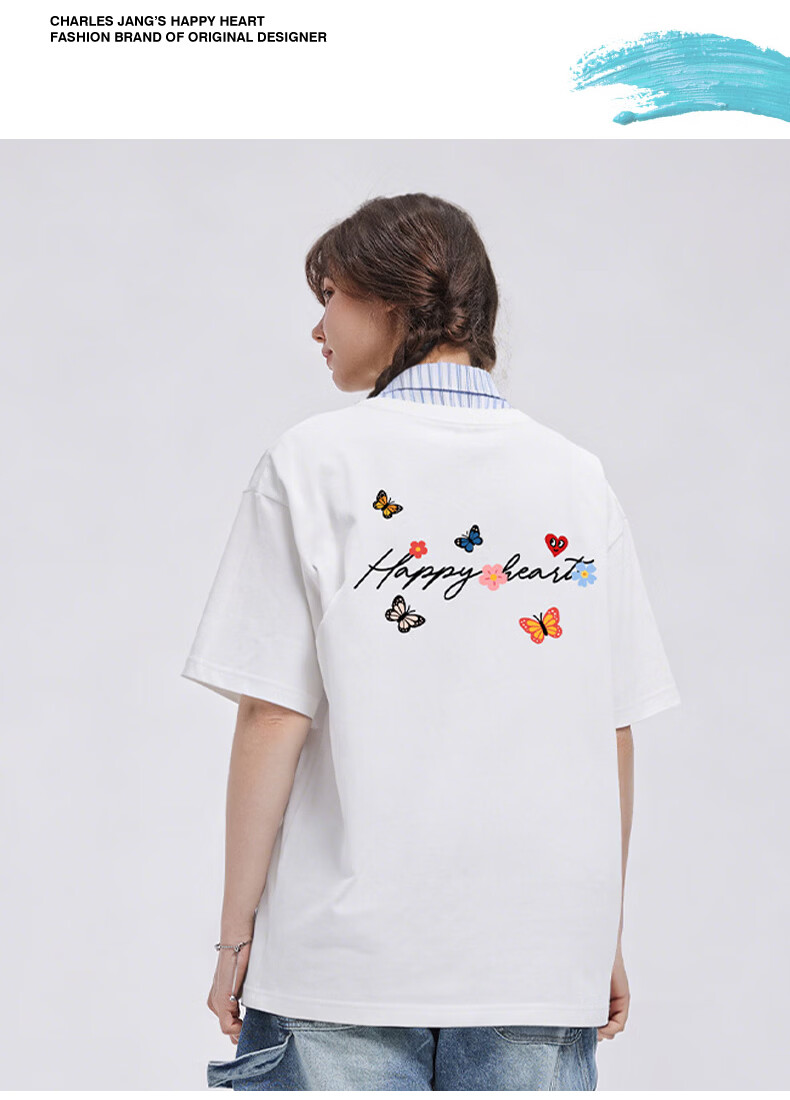 Charles Heart-Shaped False Two-Piece Cotton Couple Short Sleeve Polo Shirt with Butterfly Print Navy Blue S 16