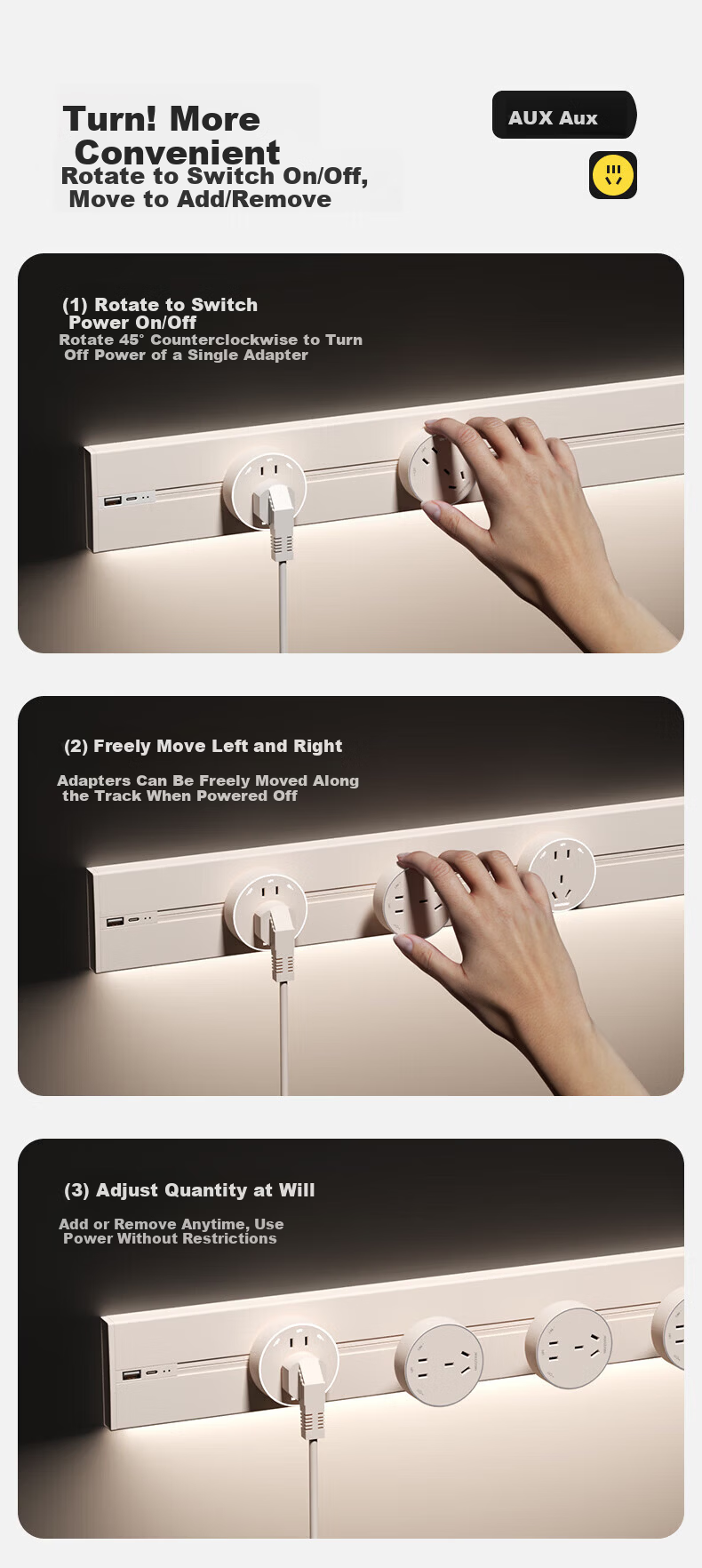 AUX Sensor Light Track Socket Wall-Mounted No-Drill Sliding Track Power Strip 80CM with 5 Large Aperture Five-Hole Outlets Milk Gold 3