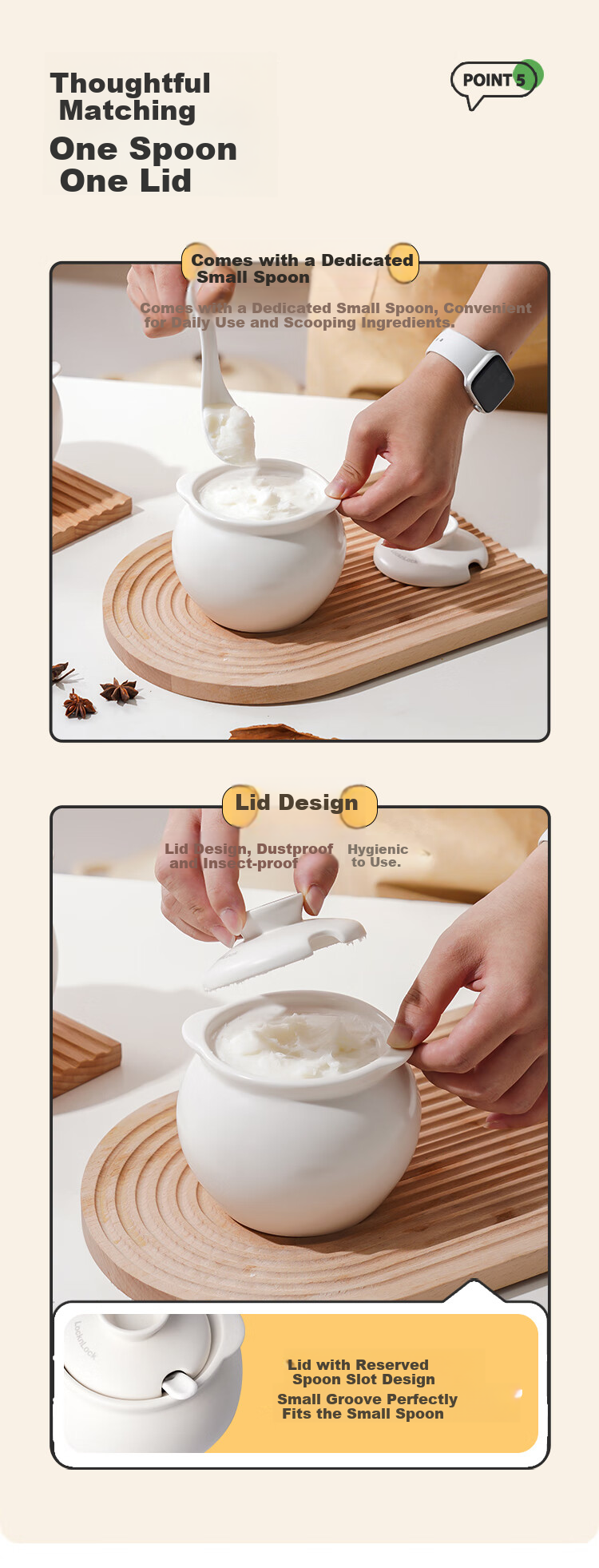 LOCK&LOCK High-Temperature Resistant Ceramic Lard Jar with Lid 700ML Chili Oil Container Spice Jar Oil and Salt Seasoning Jar 6