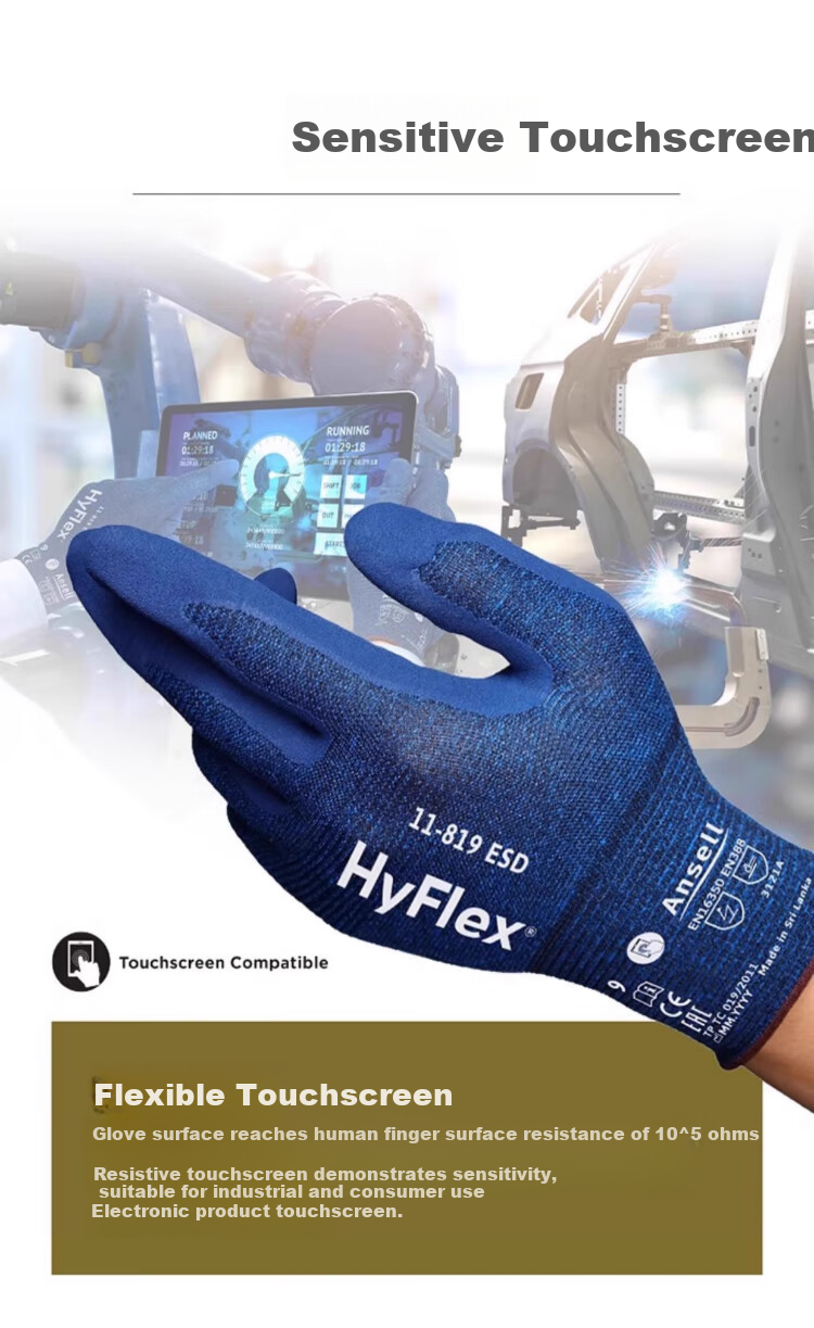 Ansell Antistatic Protective Gloves Comfortable Lightweight Touchscreen Non-slip Wear-resistant Discharge Protection Work Safety Gloves 11-819 (1 Pair) 7/S 5