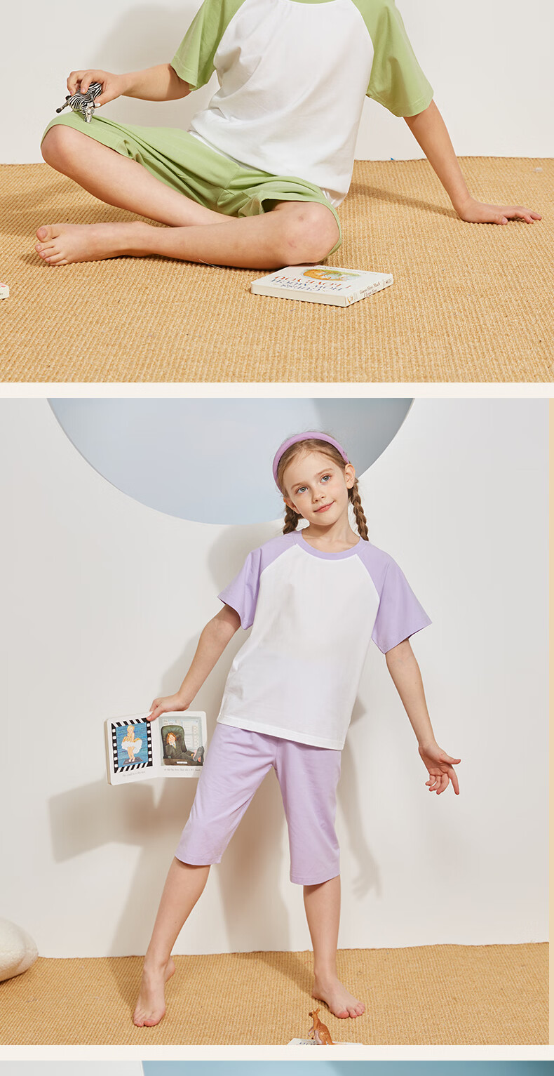 Piggy Banner Boys' Summer Cotton Short Sleeve Pajama Set 2026 New Girls' Lightweight Breathable Homewear 7