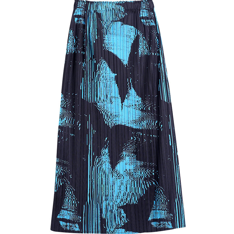 Demana Arc Light Silhouette Spring Autumn Intellectual Style Elastic Waist Pleated Skirt Irregular Print Split Women's Midi Skirt