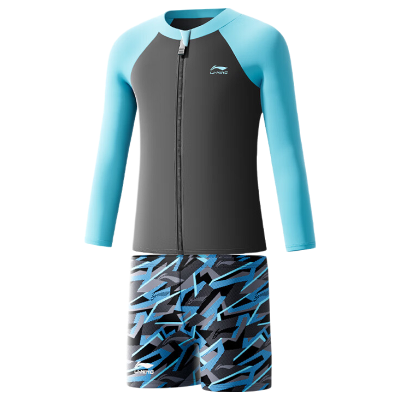 Li-Ning Children's Swimwear, Boys' Long-Sleeve Sun Protection Two-Piece Swimsuit, Swim Trunks, Hot Spring Swimming Gear, 8772 Blue-Gray, Size 150