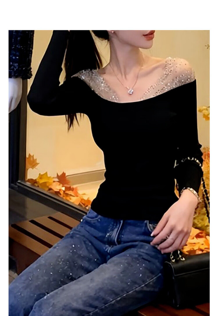 Mt [Galaxy Whisper] Spring Lightweight Sexy Rhinestone V-Neck Mesh Off-Shoulder Slim Fit Premium Women's T-Shirt 3