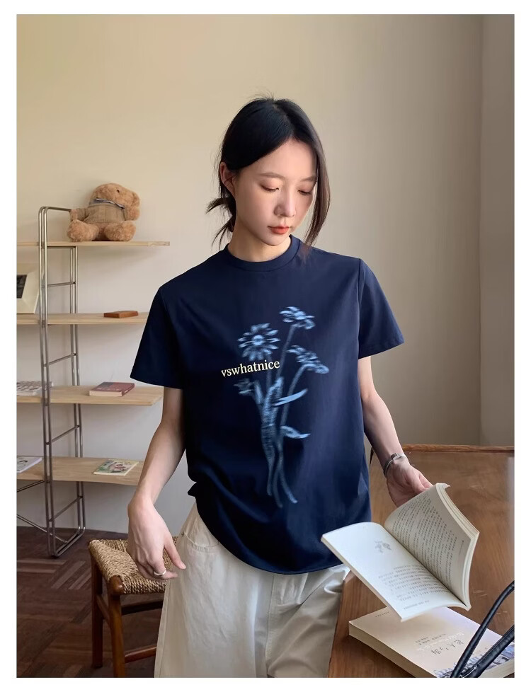 ICH MODE Floral Print Short Sleeve T-Shirt Women Spring Autumn New Korean Style Beautiful Shoulder Tee Navy Blue S 10
