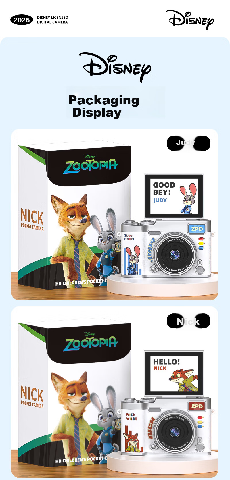 Disney Zootopia Kids Camera CCD Alternative Student Flip Screen Portable Entry-Level Camera for Photography Travel Boys Girls Birthday Lantern Festival School Gift X2 Judy 16