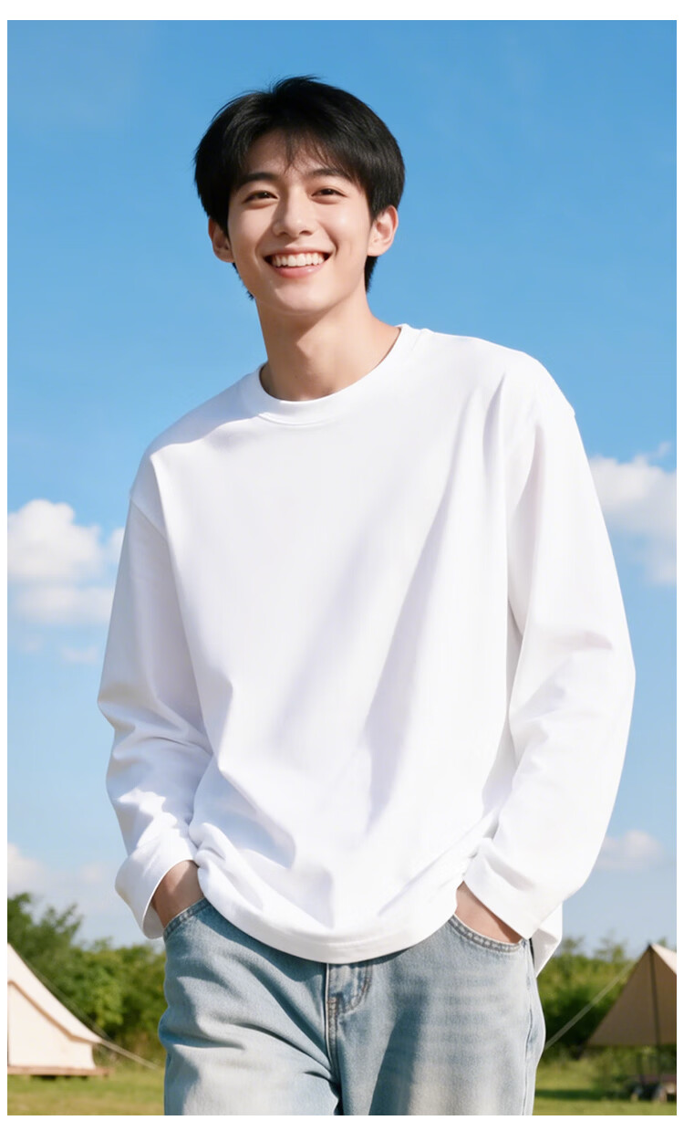 Nanjiren Long Sleeve T-Shirt Men Spring Autumn Basic Solid Color Crew Neck Loose Fit Pure Cotton Top Unisex 7