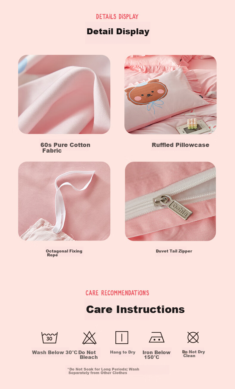 Dohia Pure Cotton 4-Piece Bedding Set 60s Cotton Sateen Double Bed Sheet and Duvet Cover Set 1.5m Bed 203x229cm Ruffled Edge Style 14
