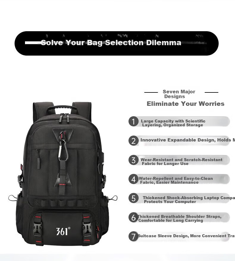 361° Men's Large Capacity Backpack Travel Bag Outdoor Water-Resistant Mountaineering Multifunctional Luggage Carry-On Backpack 3