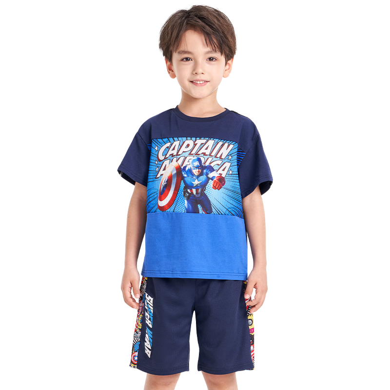 Disney 2026 New Marvel Captain America Summer Short Sleeve T-Shirt and Shorts Breathable Cool Thin Set 140CM