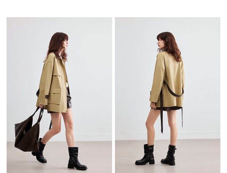 Demana Pure Cotton Barn Style Autumn Color-Block Lapel Splicing PU Patch Pocket Loose Slim Fit Women's Jacket Premium Quality 11