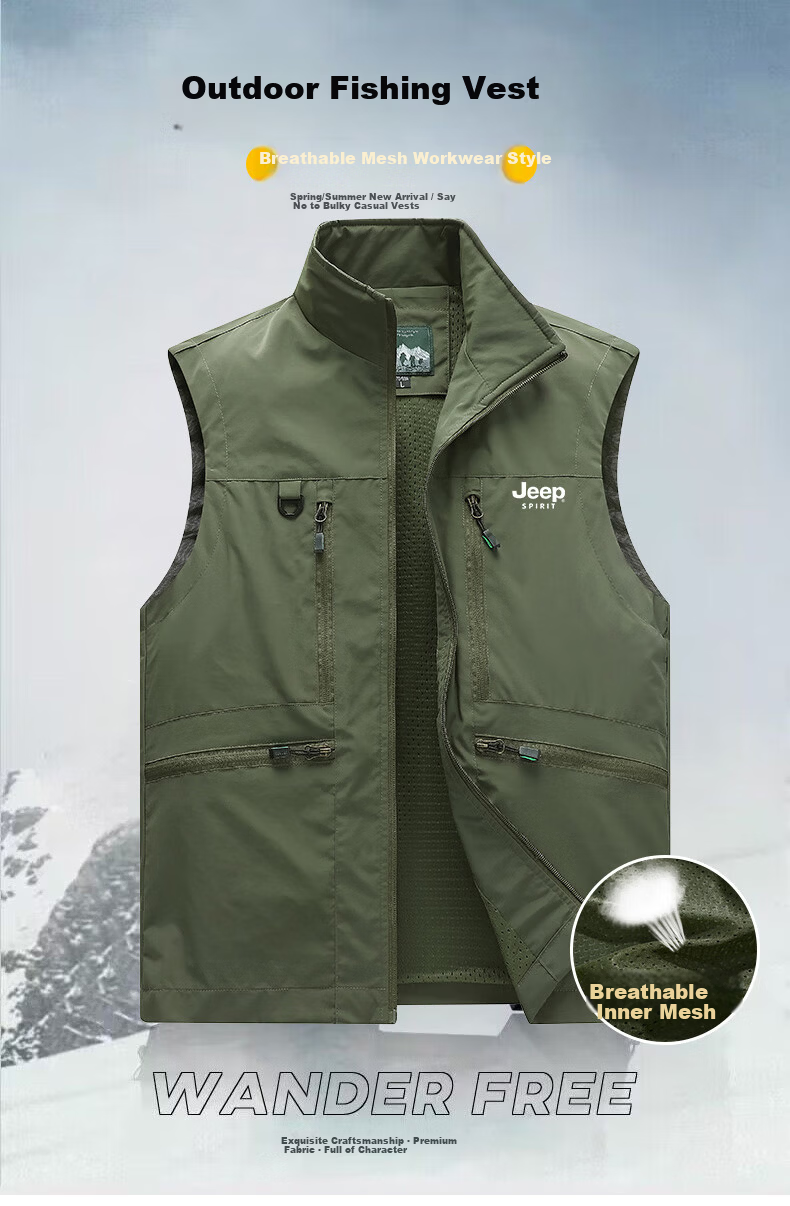 JEEP SPIRIT Men's Autumn Winter Fleece-Lined Large Size Casual Stand Collar Sleeveless Outdoor Fishing Vest Khaki XL 1