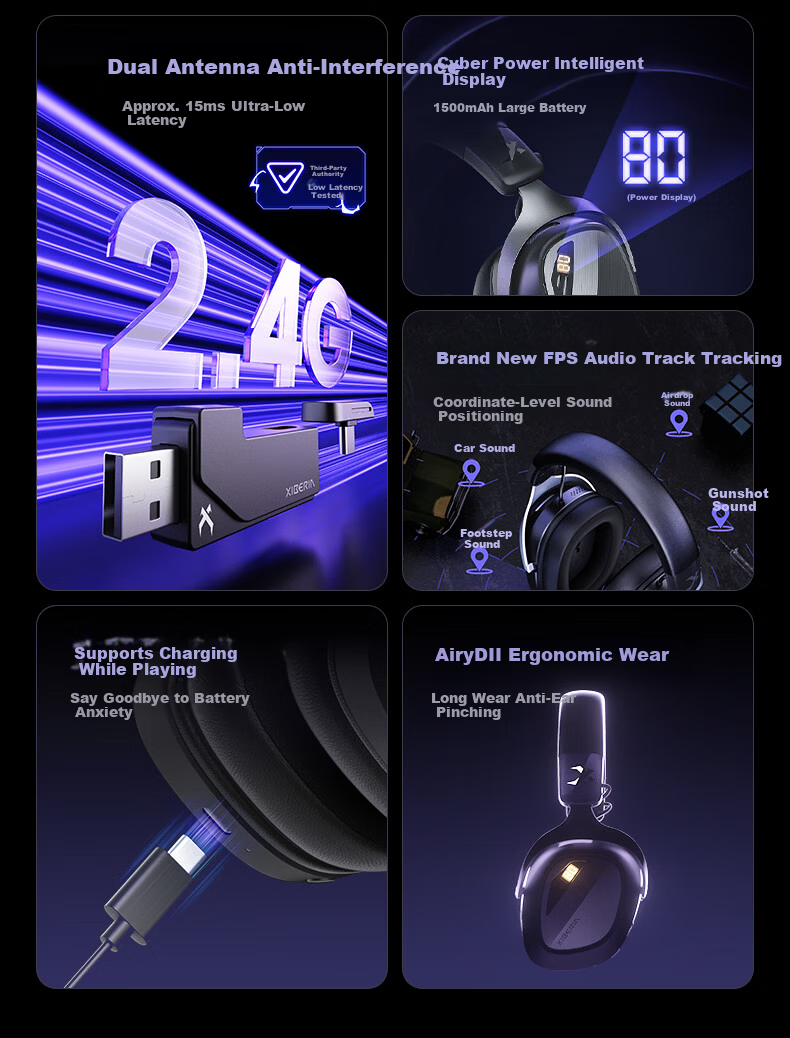 XIBERIA K06S Quad-Mode Smart Display Gaming Headset Bluetooth Wireless Over-Ear Dual-Mode Same-Frequency Mixing Support Play While Charging Esports Delta Black [Recommended by Xiaodingdang] 5