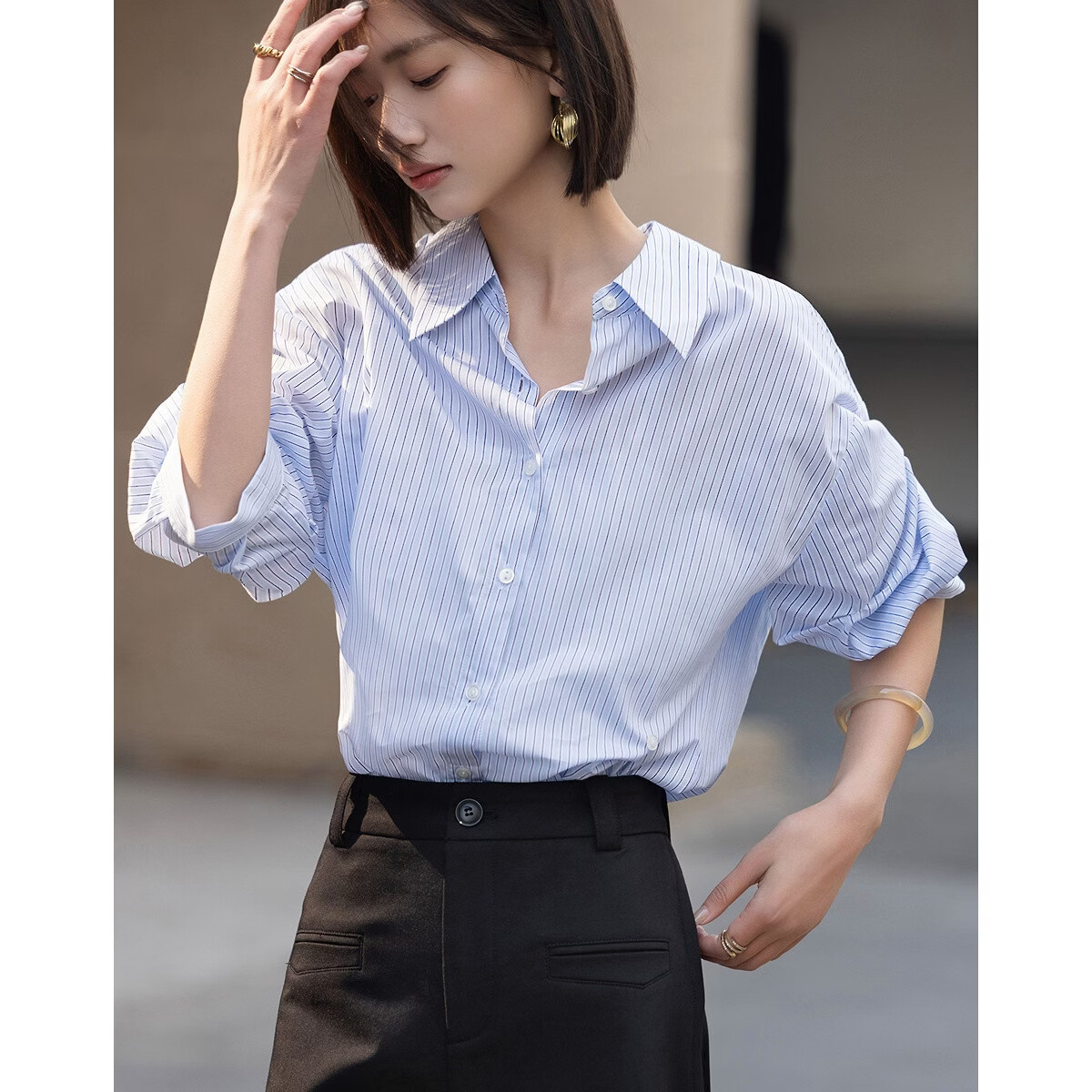 Demana Fresh Cloud Cotton Summer Urban Commuter Striped Short Sleeve Asymmetric Button Slim Fit Shirt for Women Premium Quality