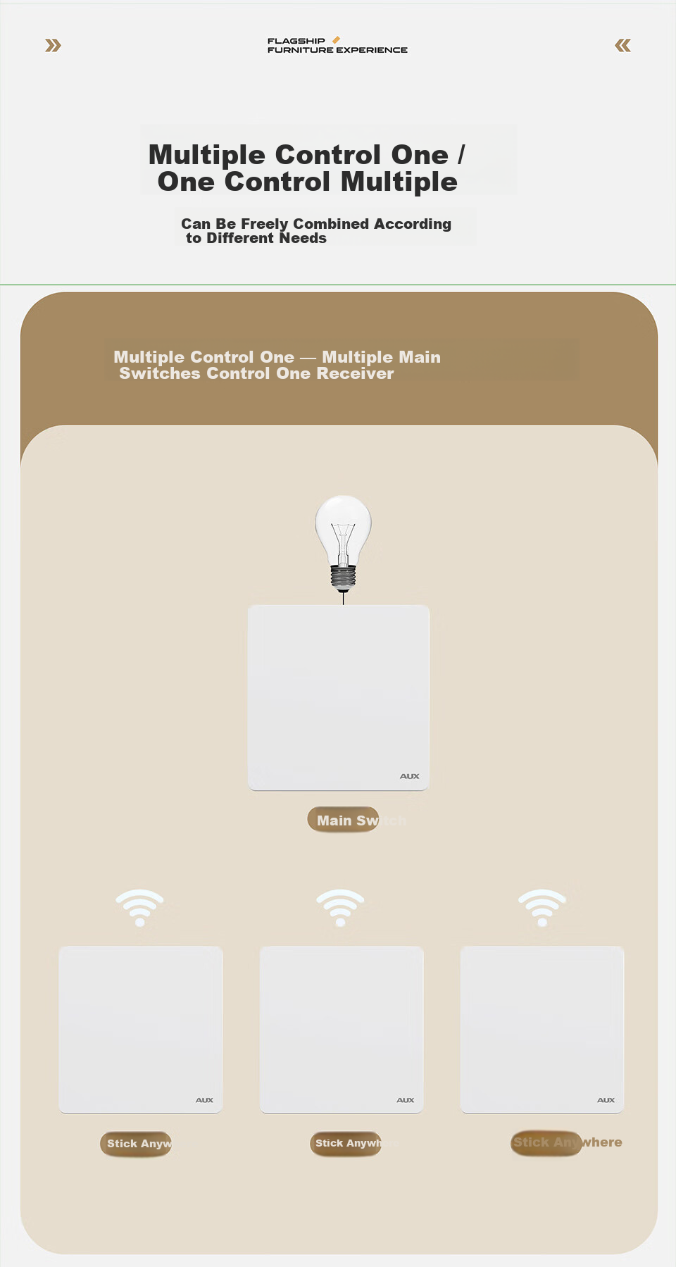 AUX Wireless Switch No Wiring Dual Control Smart Remote Control Stick-on Home Mother-Child Panel Light Controller White Single-Gang + 1 Stick-on Pad 14