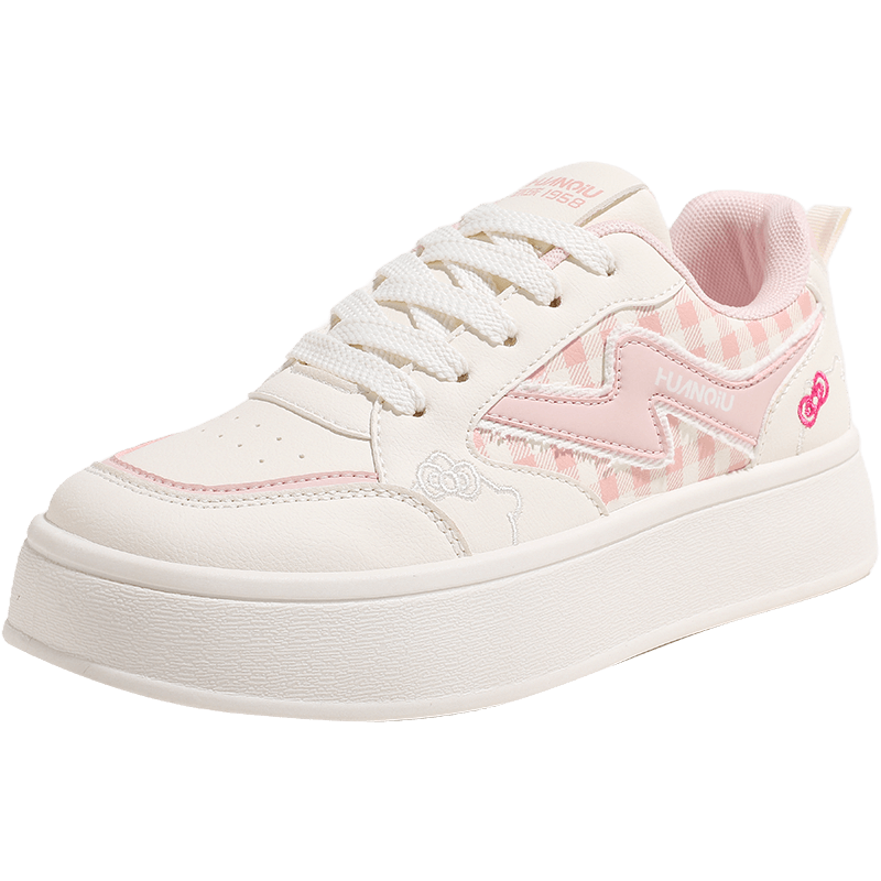 Huanqiu Thick-Soled Versatile Casual Shoes, 2025 Autumn New Style Plaid White Sneakers, Lightweight Student Skateboard Shoes for Women, Beige Blue, Size 38