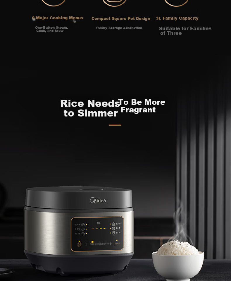 Midea 3L Rice Cooker Home Micro-Pressure Slow Cook Smart Reservation Yogurt Multifunction Copper Energy-Gathering Non-Stick Inner Pot Electric Rice Cooker 1-6 People [MB-TQ332] 3