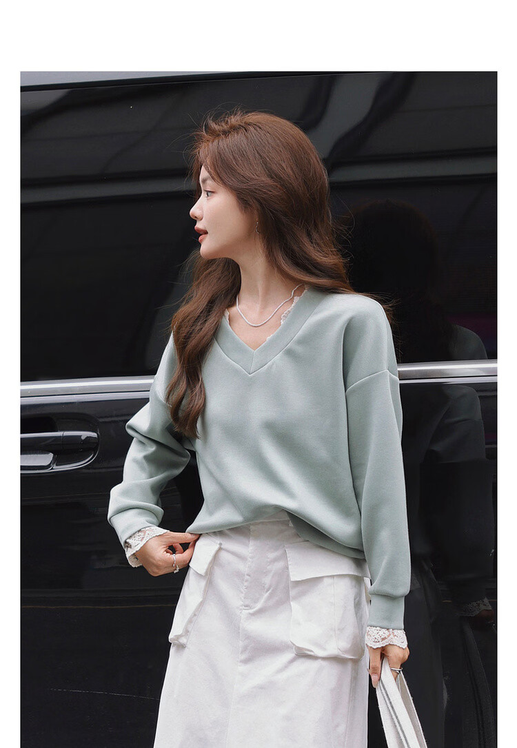 MT Morandi Series Spring Korean Style Air Layer Lace Splice V-Neck Loose Fit Slimming Women's Sweatshirt 2